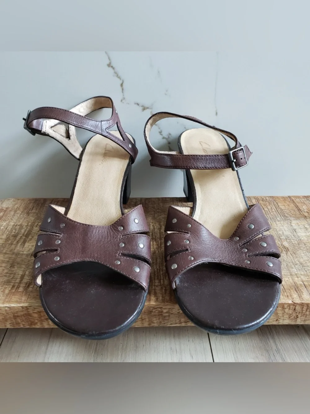 Clarks Brown Leather Block Heel Sandals with Ankle Buckle - Picture 2 of 8